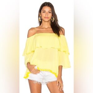NWT | Alice + Olivia | ‘Meagan’ Fiesta Pom Pom Yellow Tiered Off-Shoulder Top XS
